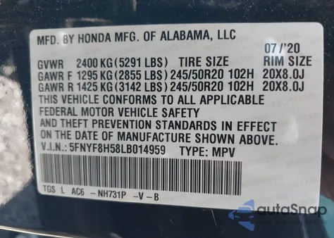 2020 Honda Passport Awd Ex-L from USA, damaged, VIN 5FNYF8H58LB014959